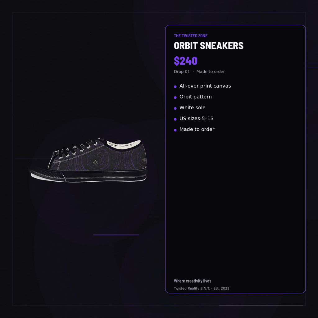 Twisted Zone Orbit Sneakers — branded feature visual, Drop 01, The Twisted Zone