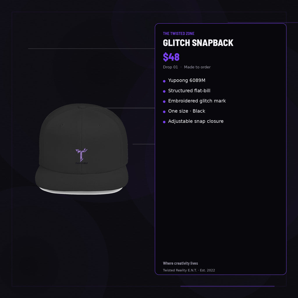 Twisted Zone Glitch Snapback — branded feature visual, Drop 01, The Twisted Zone