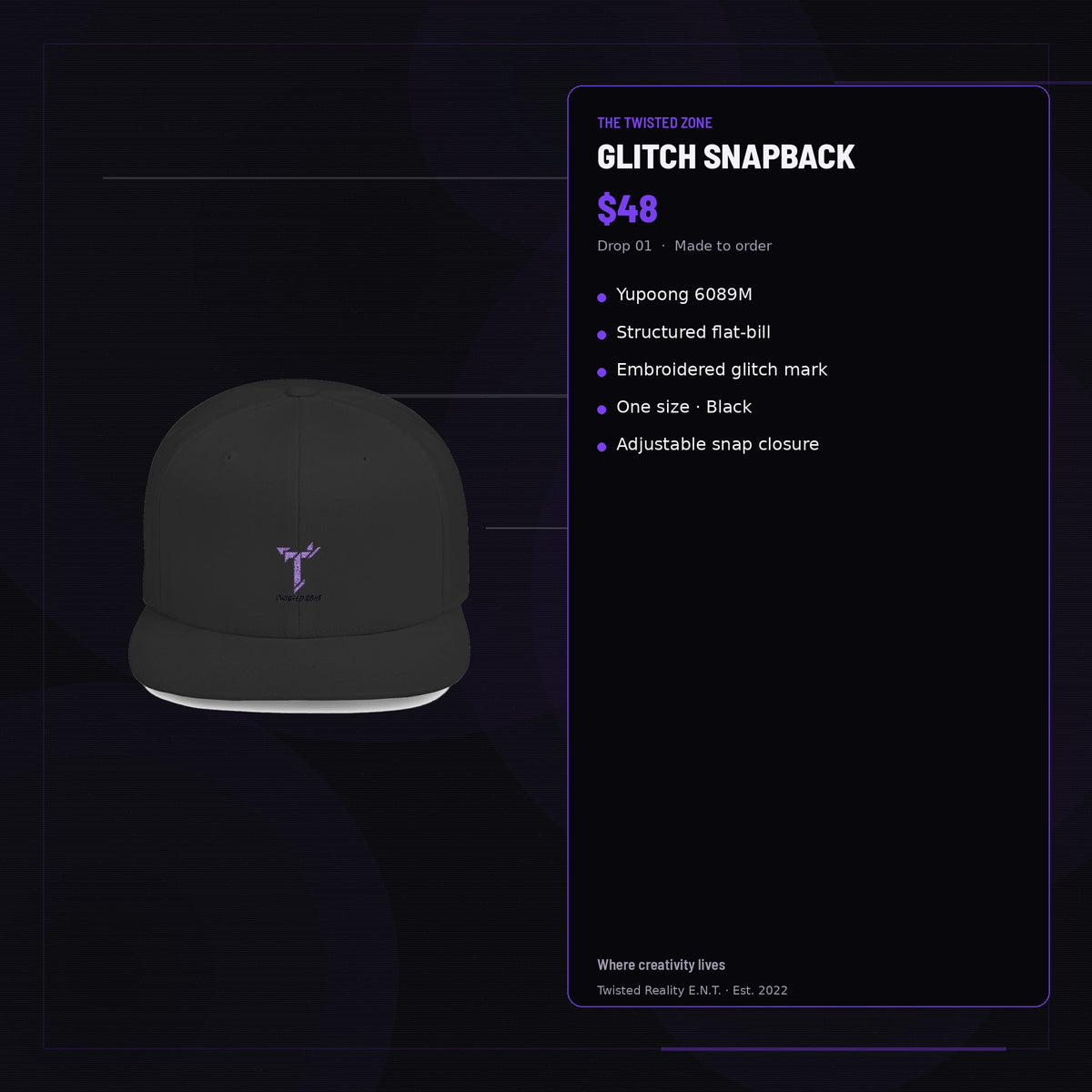 Twisted Zone Glitch Snapback — branded feature visual, Drop 01, The Twisted Zone