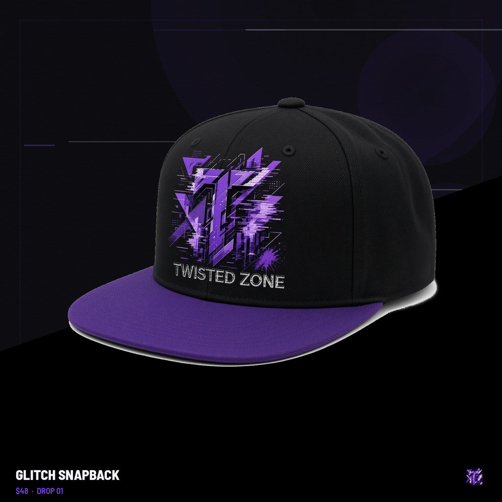 Twisted Zone Glitch Snapback — branded lookbook visual, Drop 01, The Twisted Zone
