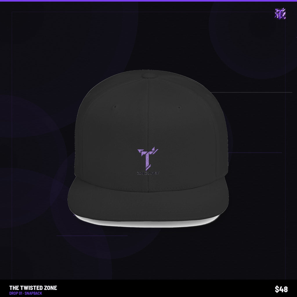 Twisted Zone Glitch Snapback — branded studio visual, Drop 01, The Twisted Zone