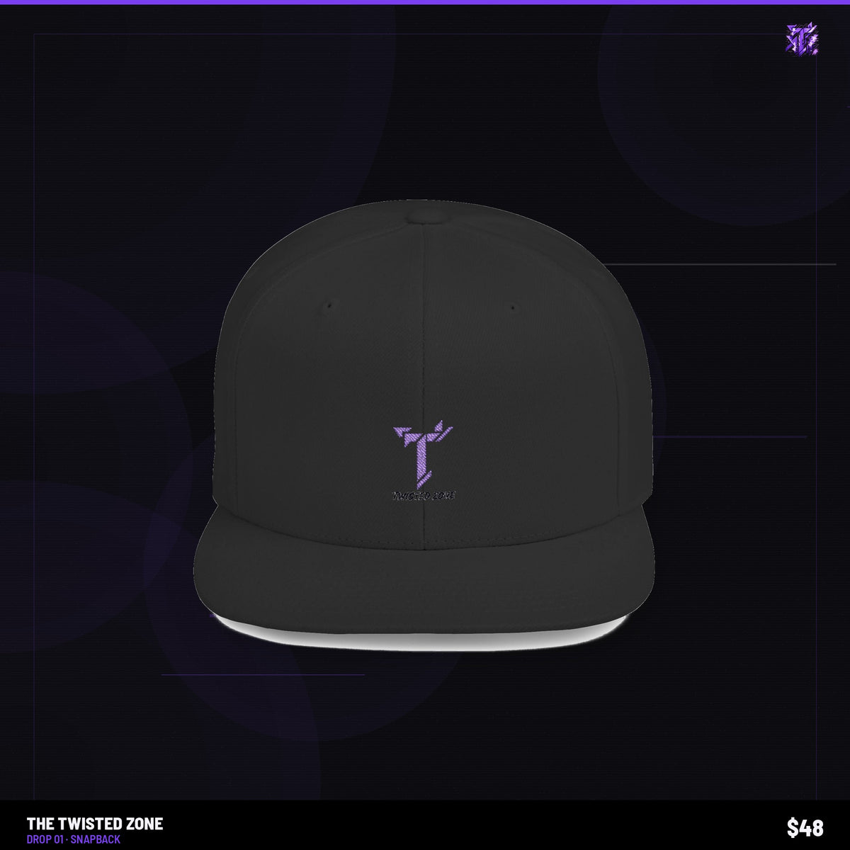 Twisted Zone Glitch Snapback — branded studio visual, Drop 01, The Twisted Zone