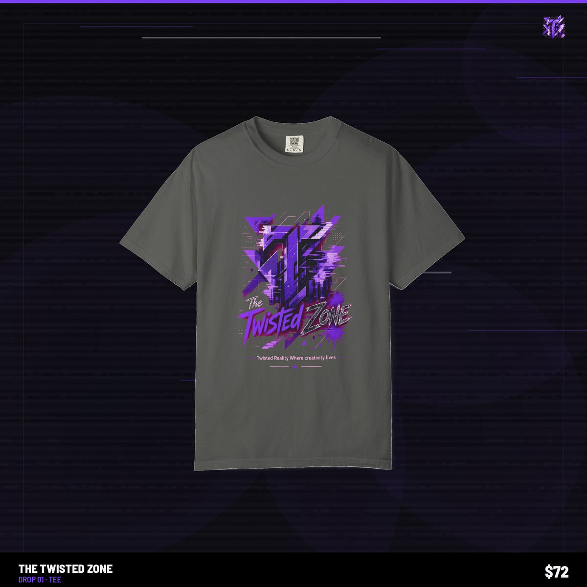 Twisted Zone Glitch Tee — branded studio visual, Drop 01, The Twisted Zone