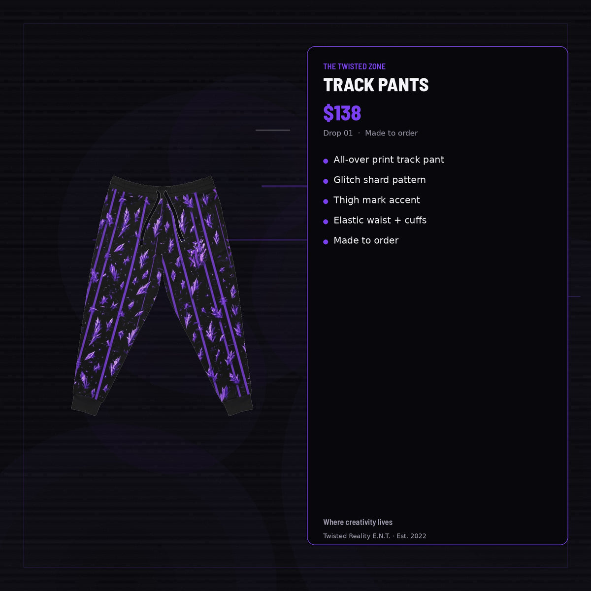 Twisted Zone Track Pants — branded feature visual, Drop 01, The Twisted Zone