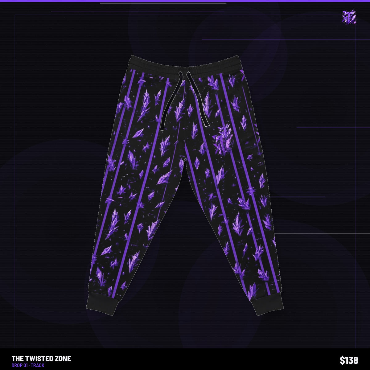 Twisted Zone Track Pants — branded studio visual, Drop 01, The Twisted Zone