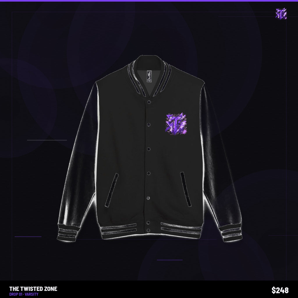 Twisted Zone Varsity Jacket — branded studio visual, Drop 01, The Twisted Zone