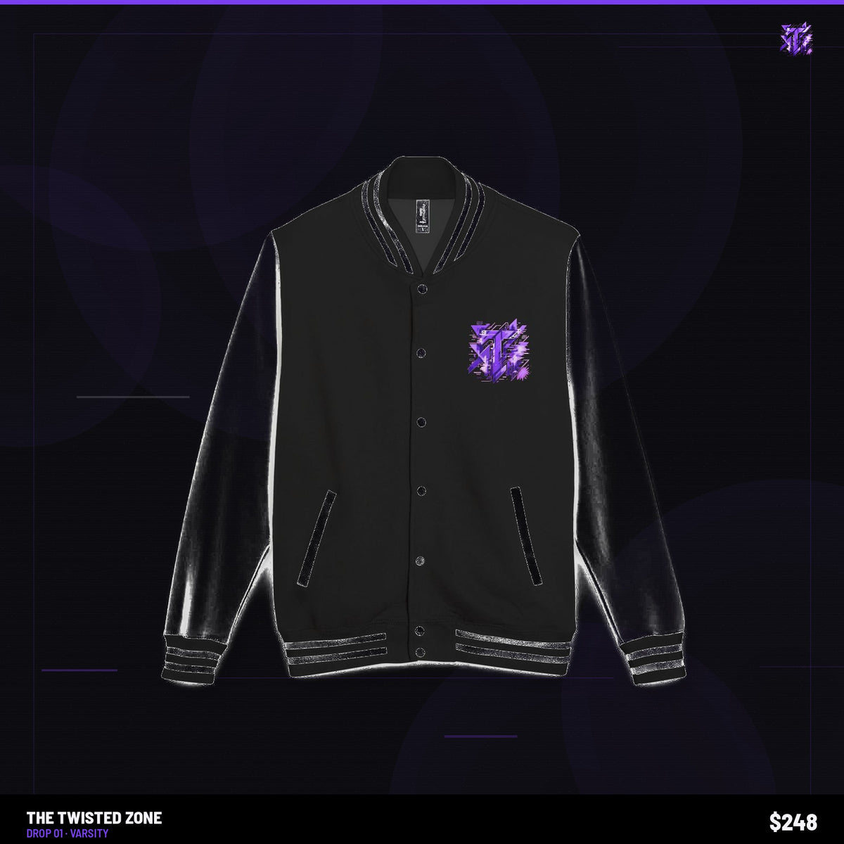 Twisted Zone Varsity Jacket — branded studio visual, Drop 01, The Twisted Zone